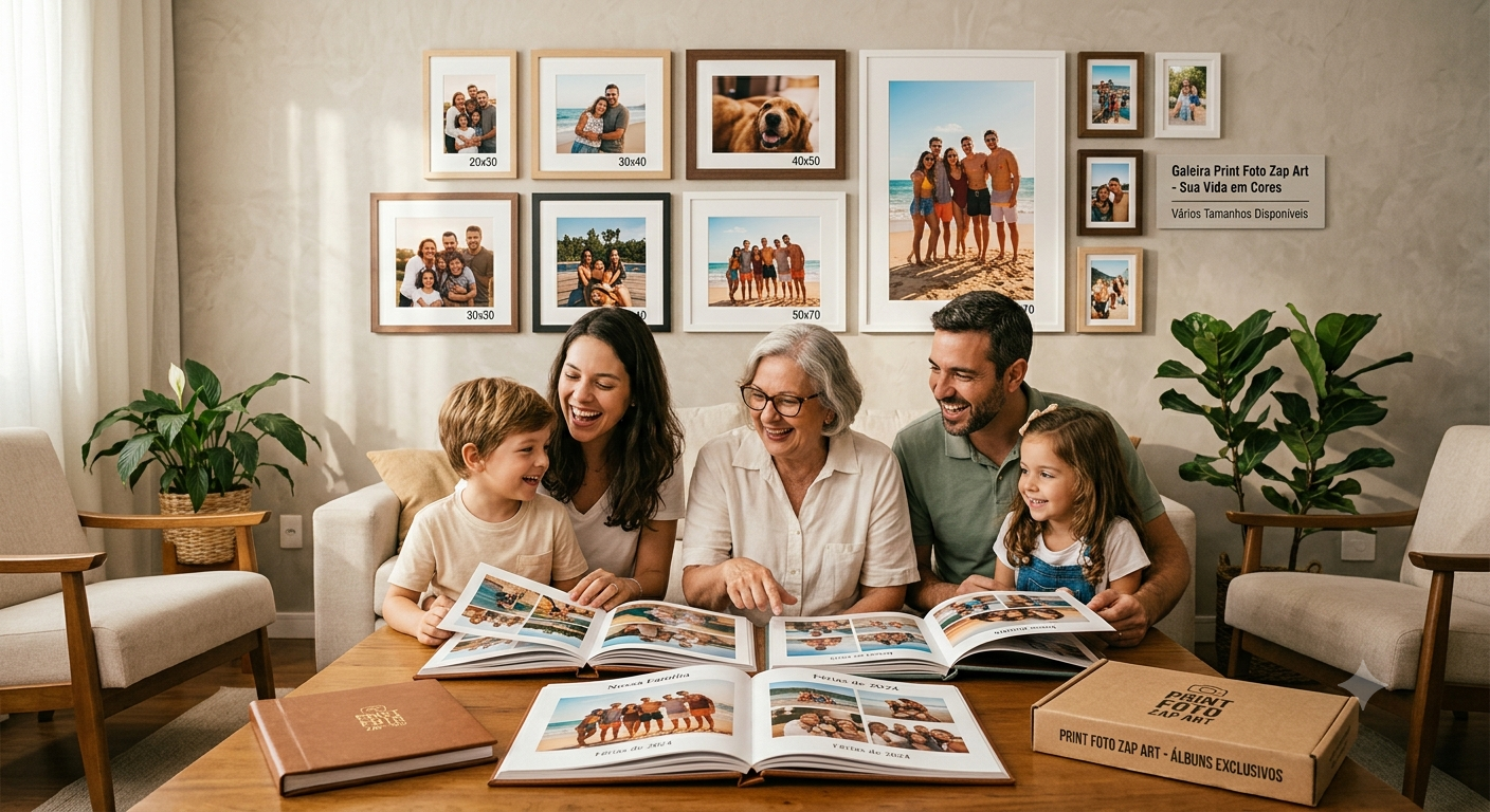 Família reunida vendo fotos